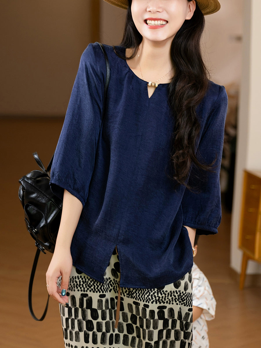 Women Summer Casual Pure Color Linen O-Neck Shirt