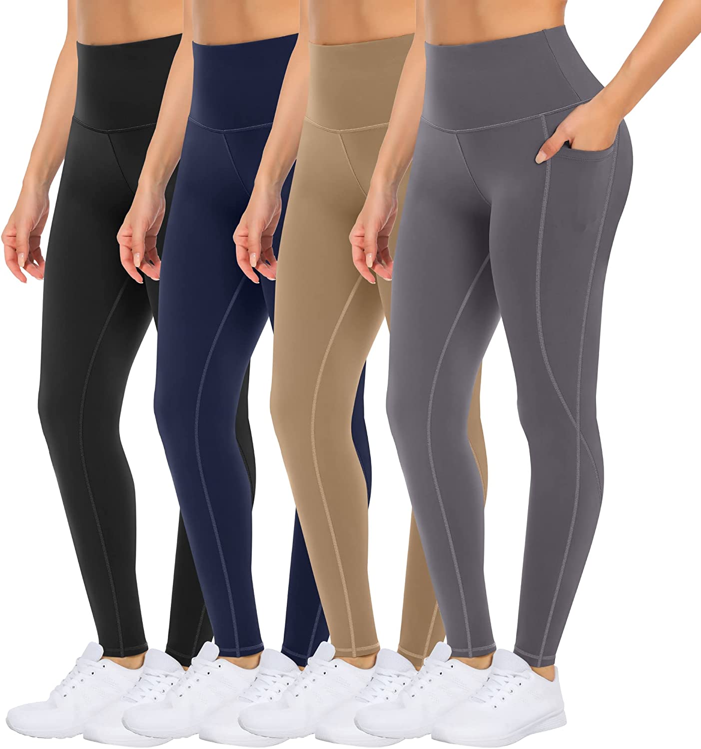 4 Pack Yoga Leggings with Pockets for Women - High Waist Tummy Control Pants for Workout