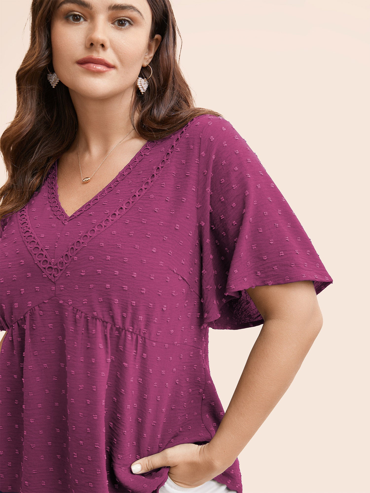 Polka Dot Frill Trim V Neck Flutter Blouse