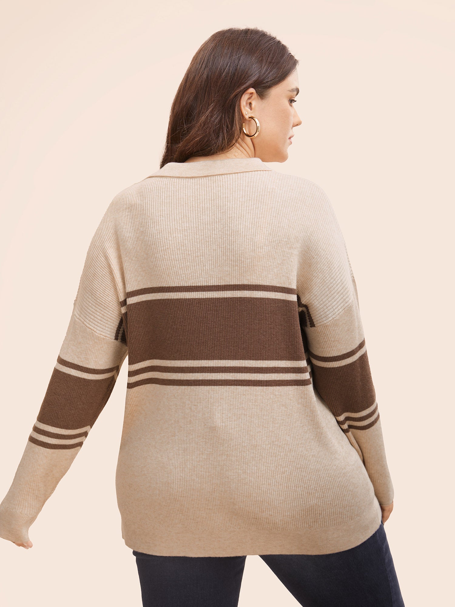 Colorblock Contrast Striped Polo Neck Pullover