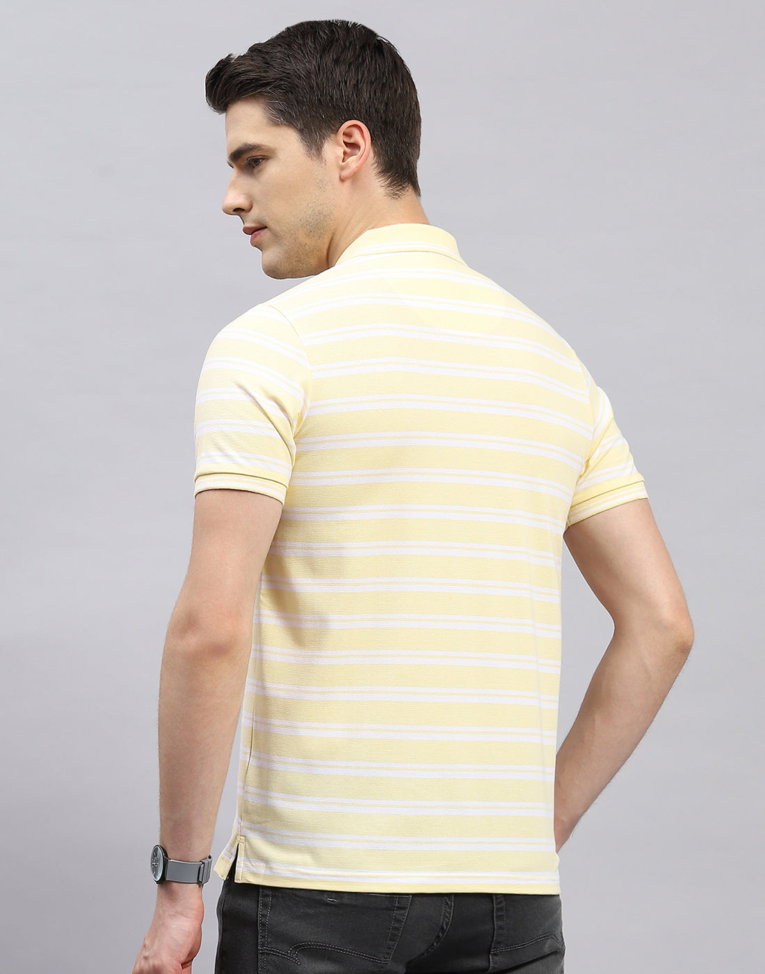 Men Yellow Stripe Polo Collar Half Sleeve T-Shirt