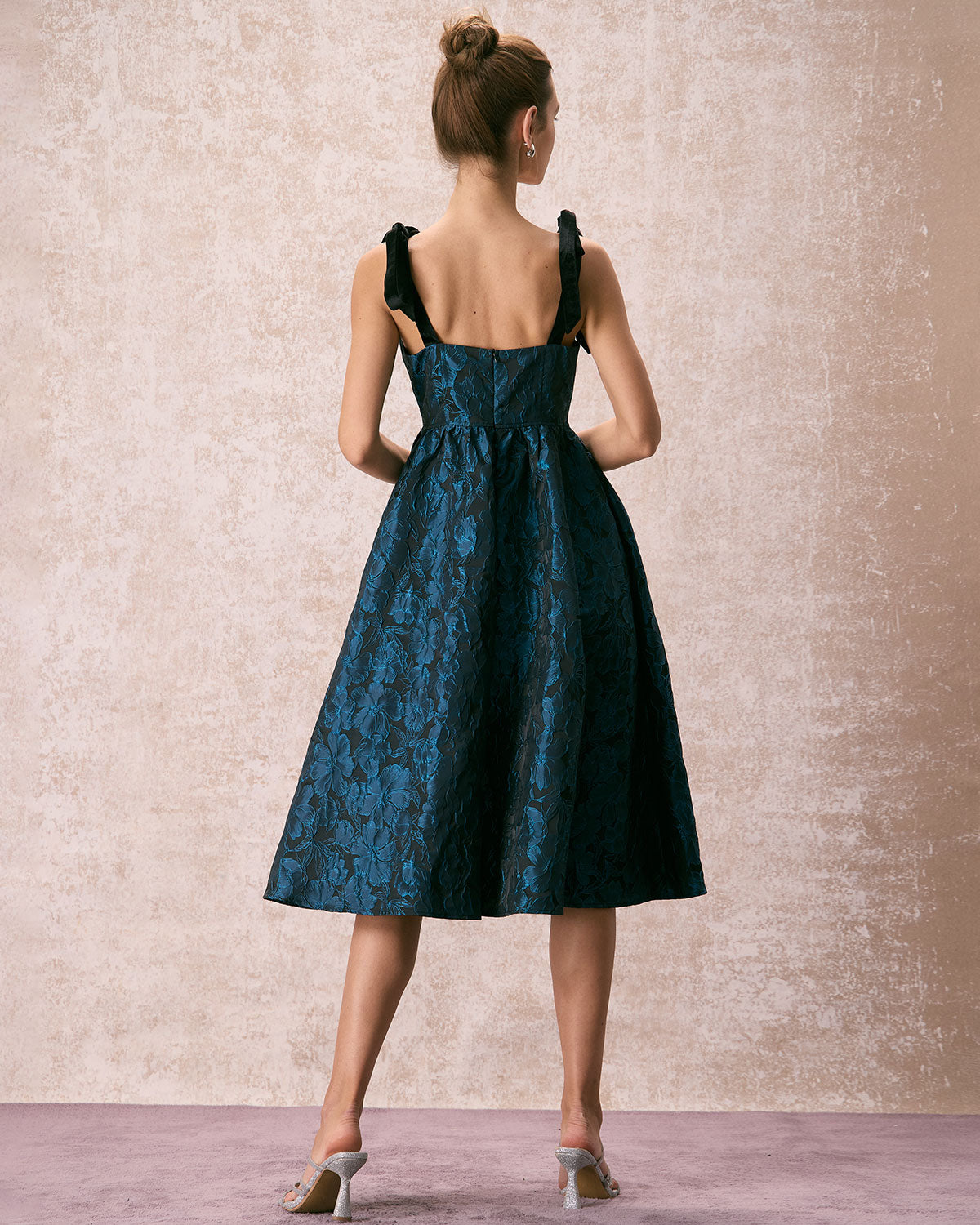 The Navy Tie Shoulder Jacquard Midi Dress