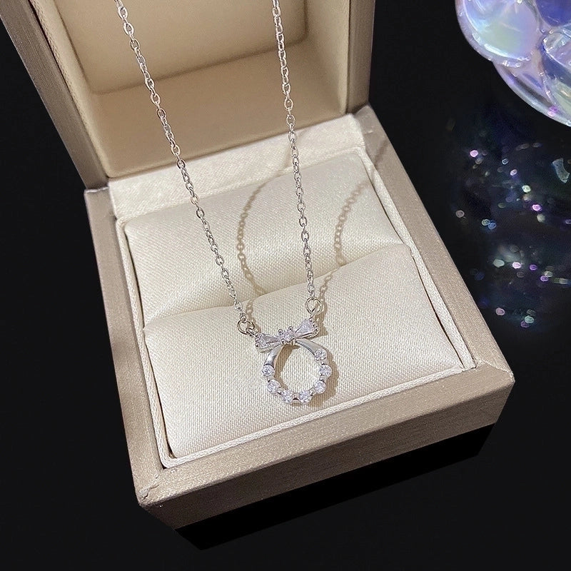 Minimalist Heart Shape Flower Bow Knot Titanium Steel Copper Plating Inlay Artificial Gemstones Pendant Necklace