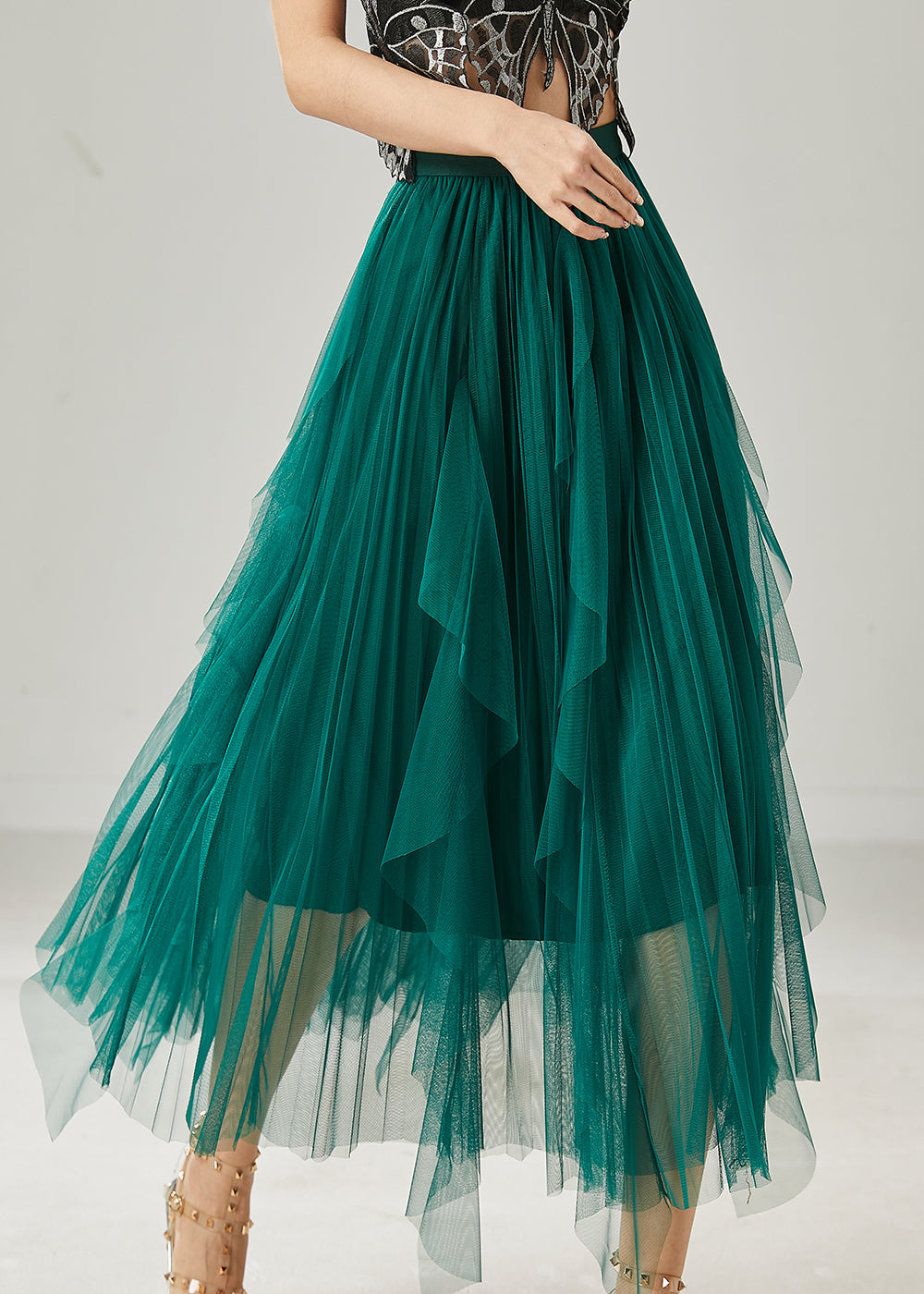 Elegant Peacock Green Ruffled Tulle Holiday Skirts Summer