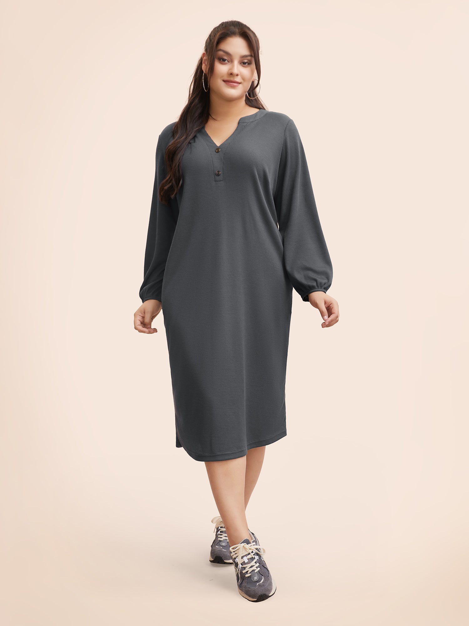 Notched Waffle Knit Button Detail Dress