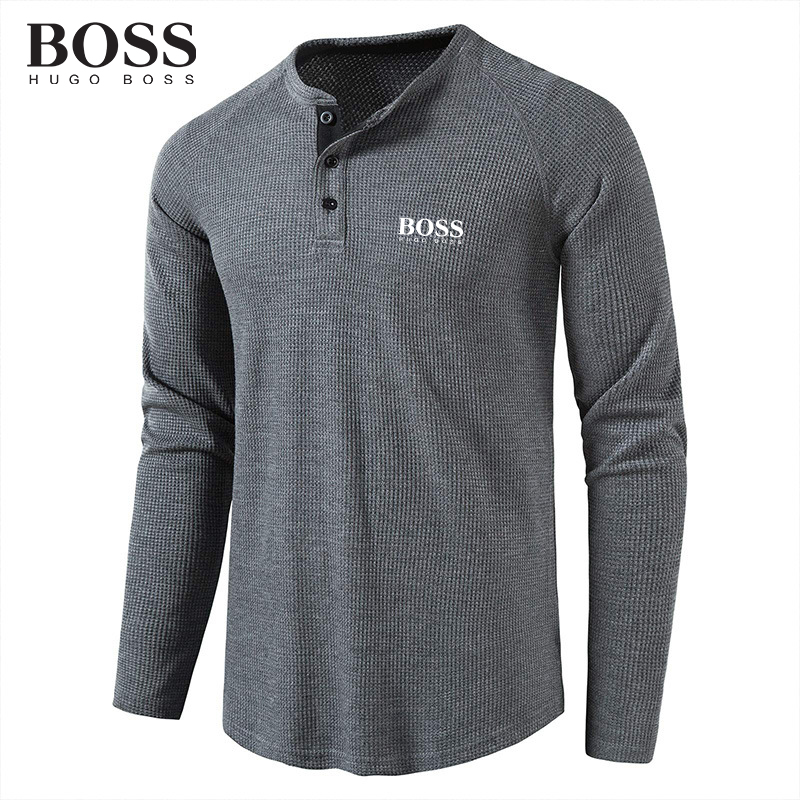 BOSS Men-s Autumn Winter Henry Collar Long-Sleeved T-shirt