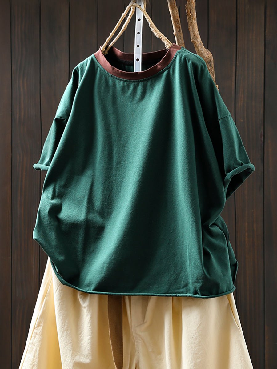 Women Summer Casual Cotton O-Neck Colorblock Shirt