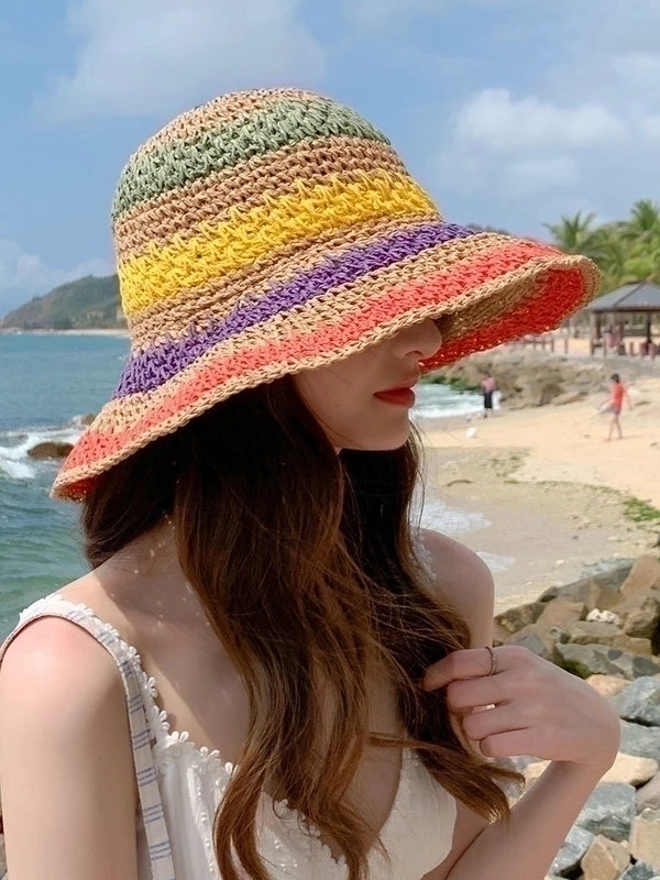 Bohemian Style Women's Foldable Rainbow Color Matching Fisherman Hat Straw Hat