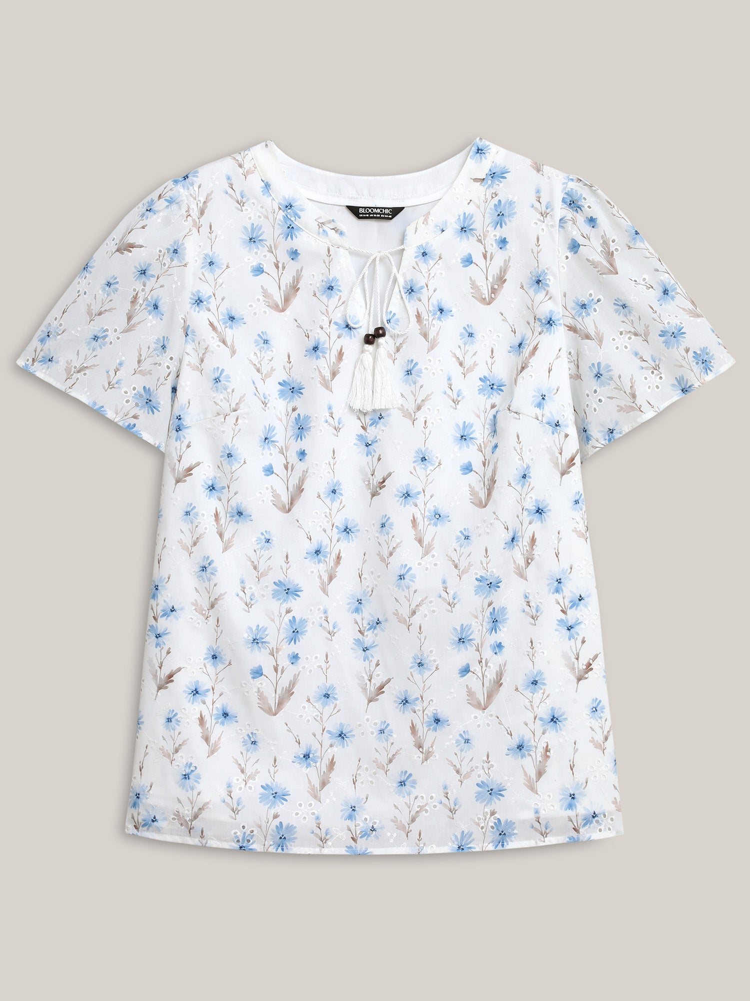 Cotton Embroidered Tassel Tie Flowy Blouse
