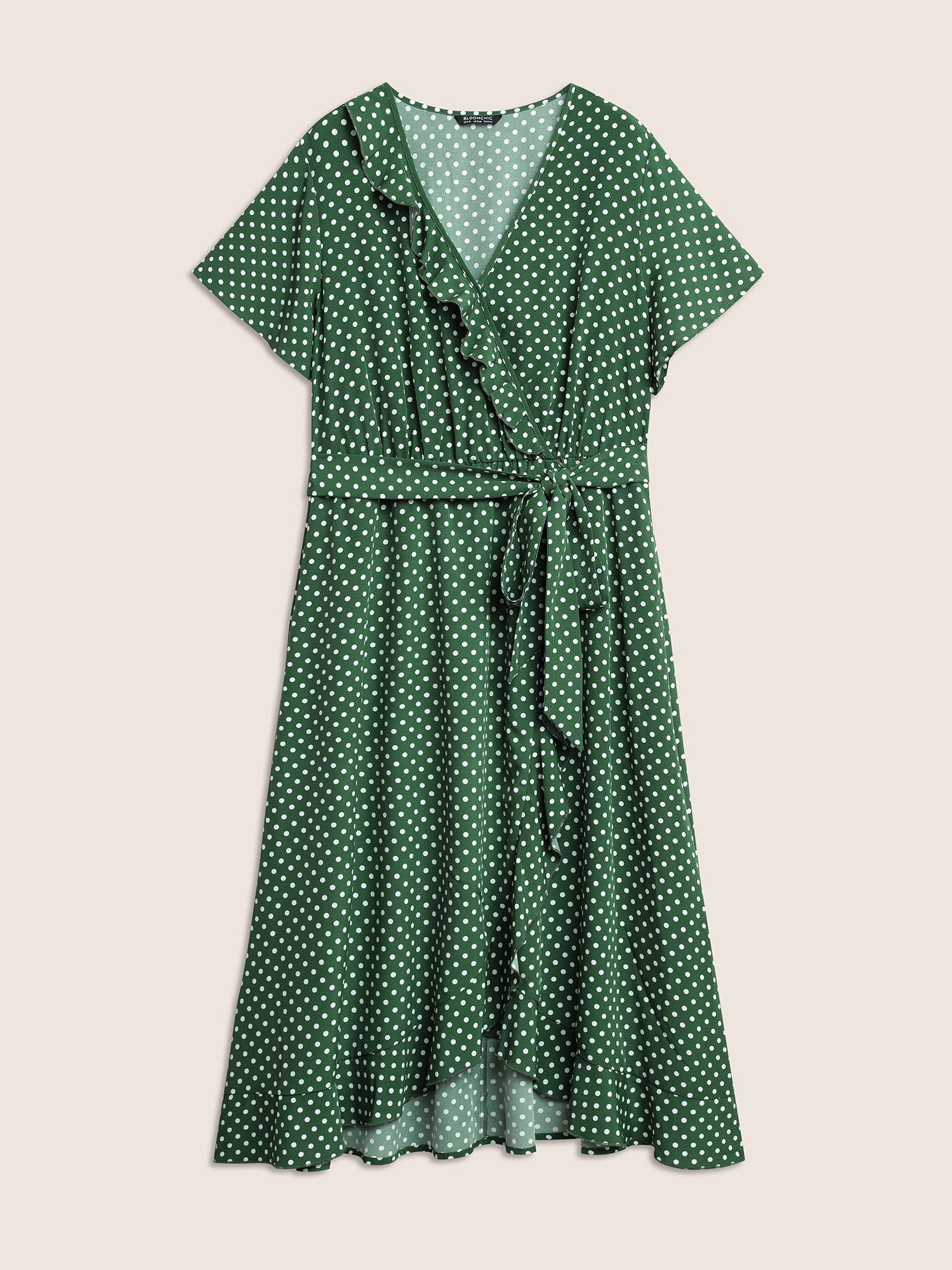 Polka Dot Flutter Trim Belted Overlap Collar Dress