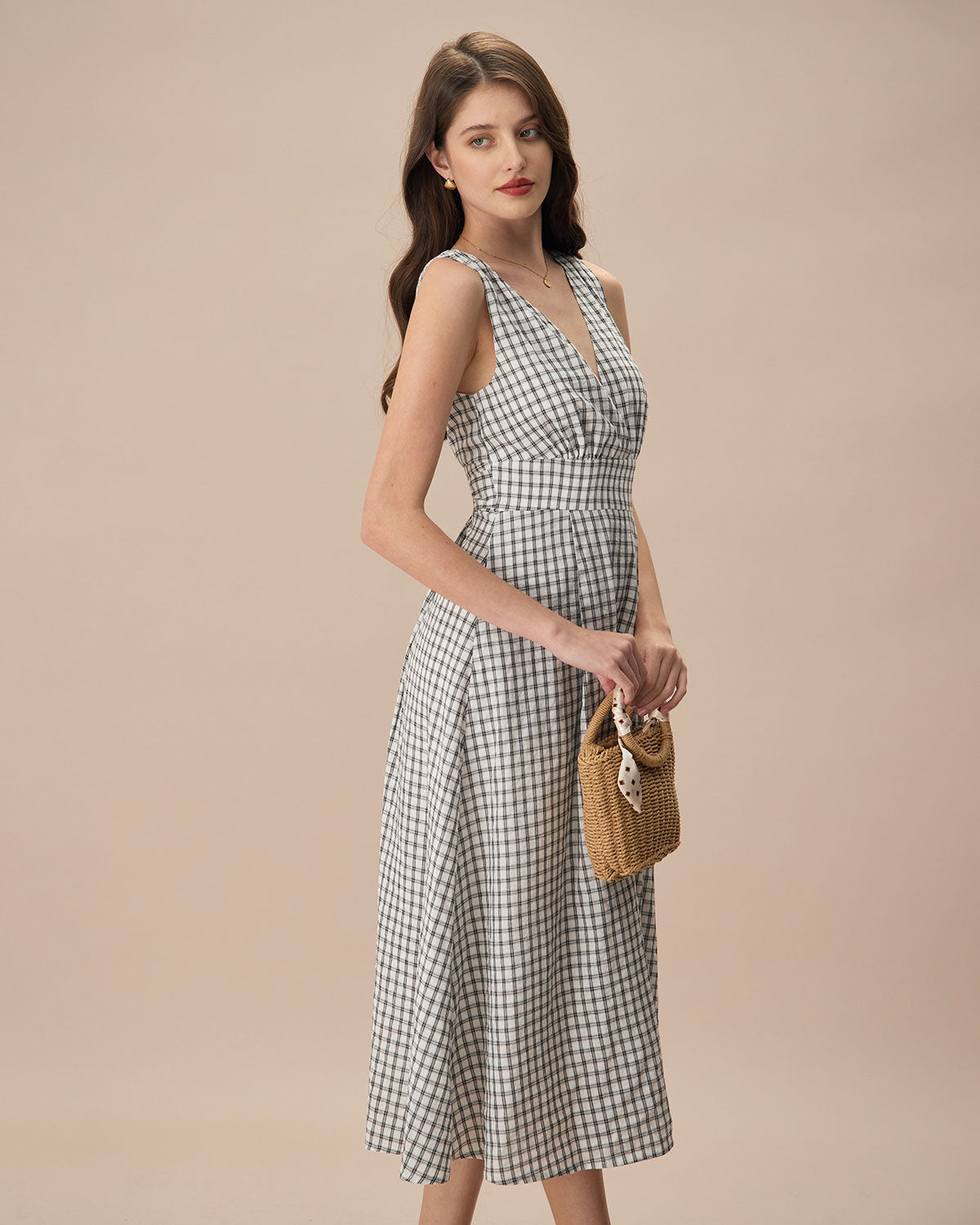 The Black V-Neck Plaid Tie Strap Cotton Midi Dress