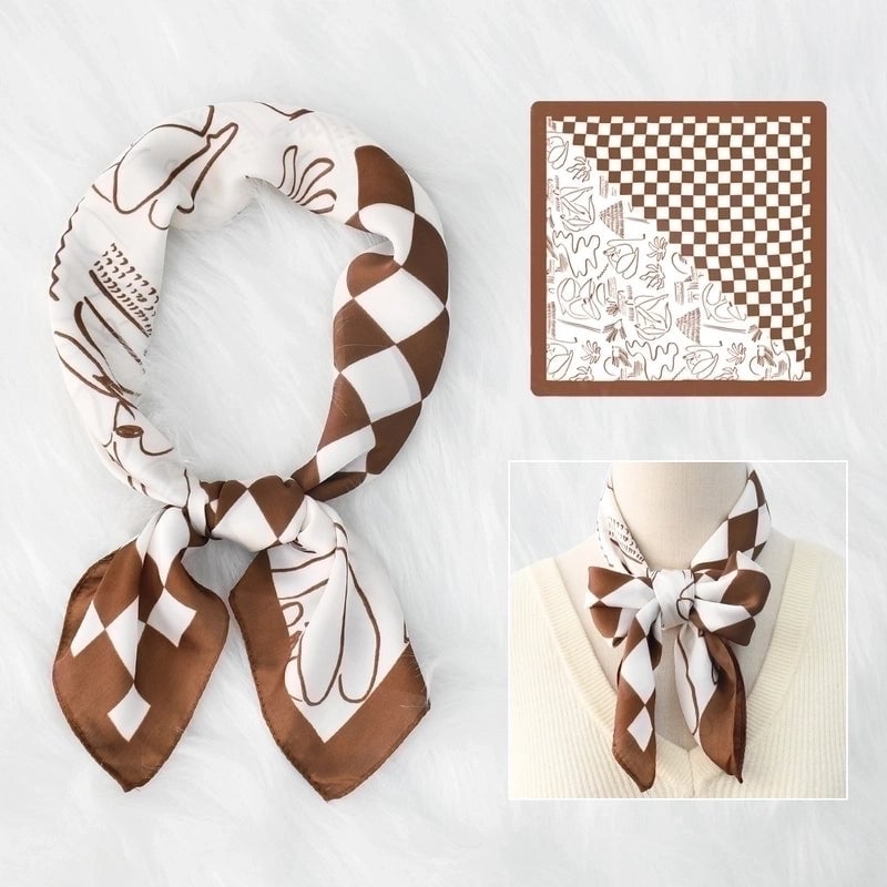 2 Pieces Women's Elegant Plaid Flower Horse Satin Silk Scarf