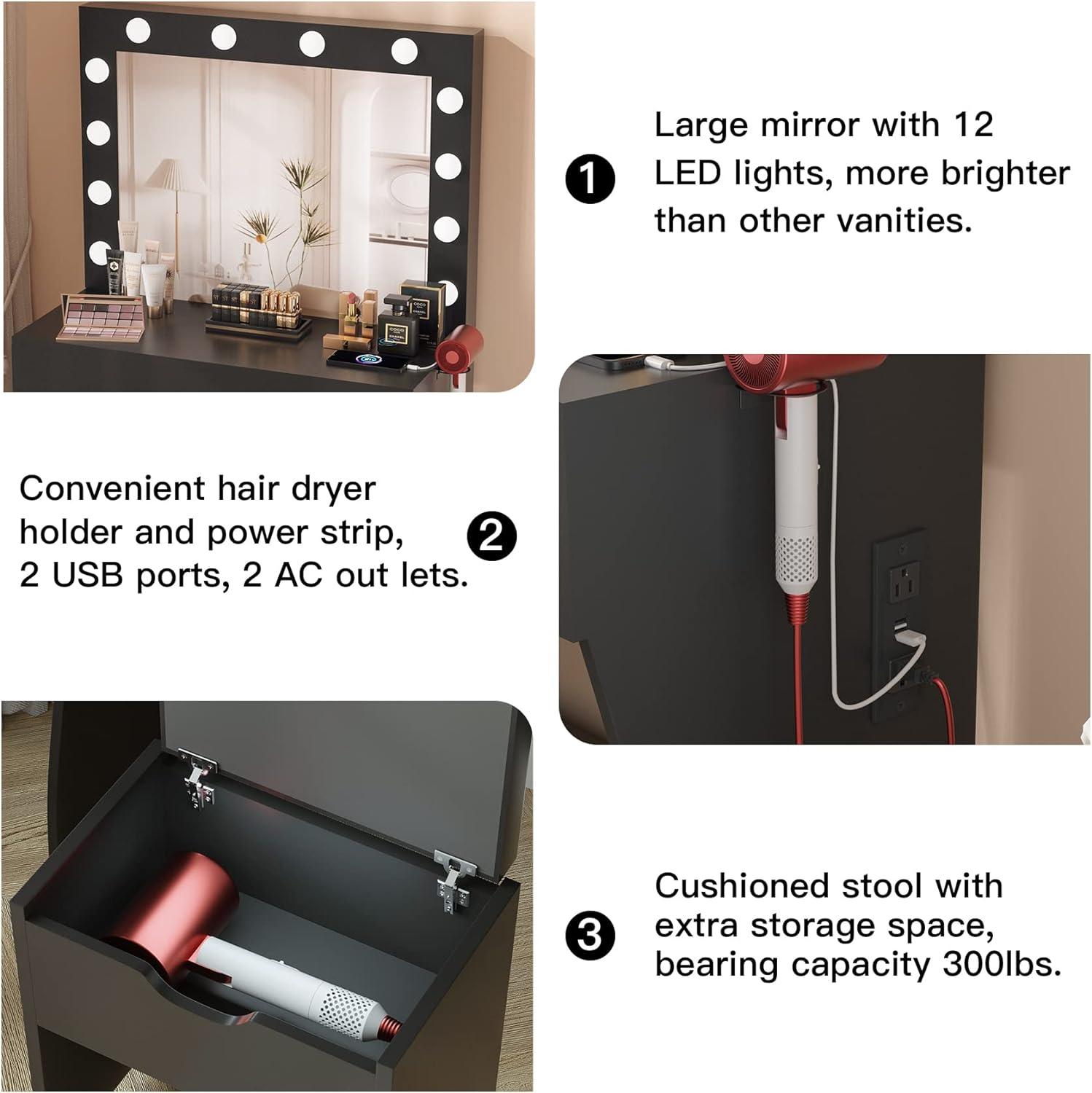 Vanity Table Set with Lighted Mirror - Makeup Vanity with Charging Station