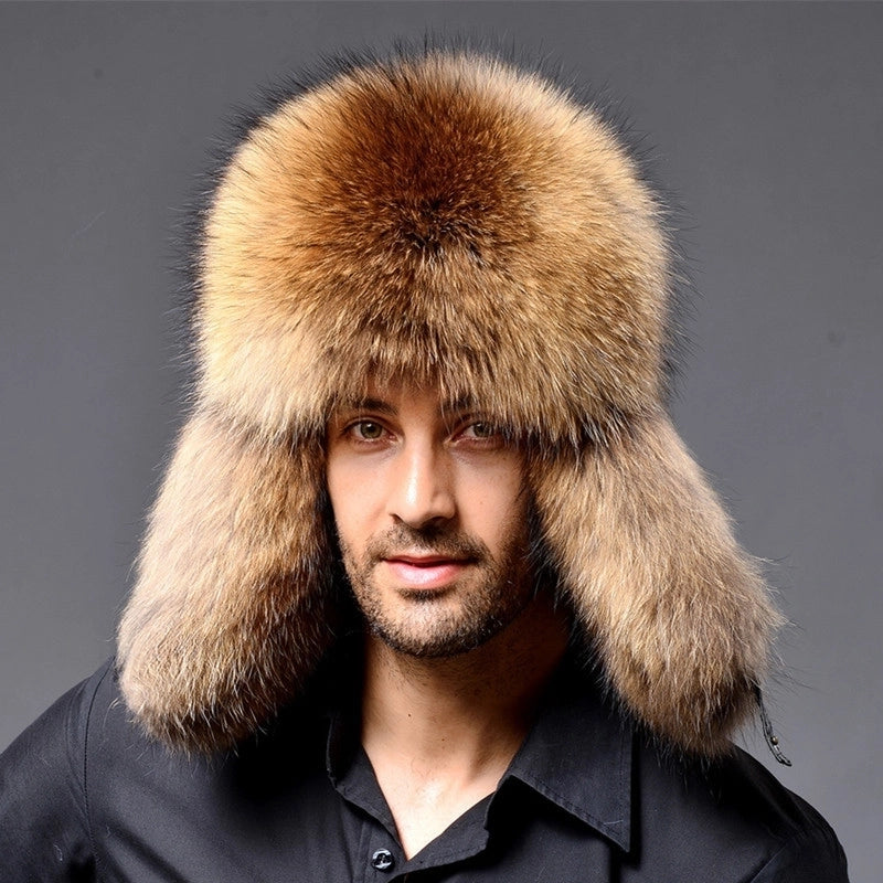 Fox Fur Hat Men's Winter Raccoon Fur Lei Feng Hat Imitation Fur Men's Hat Outdoor Ear Protection Thickened Warm Snow Hat