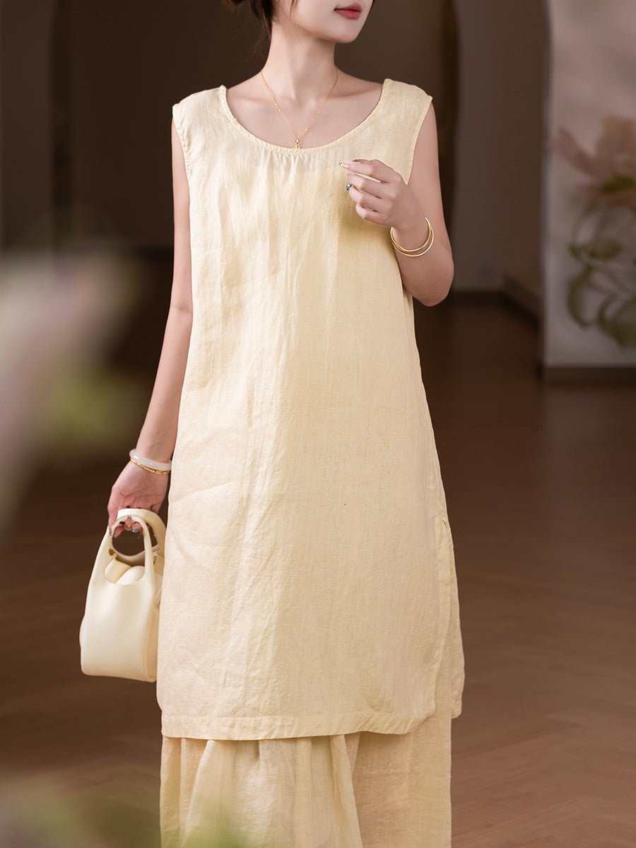 Women Summer Pure Color O-Neck 100%Hemp Long Vest