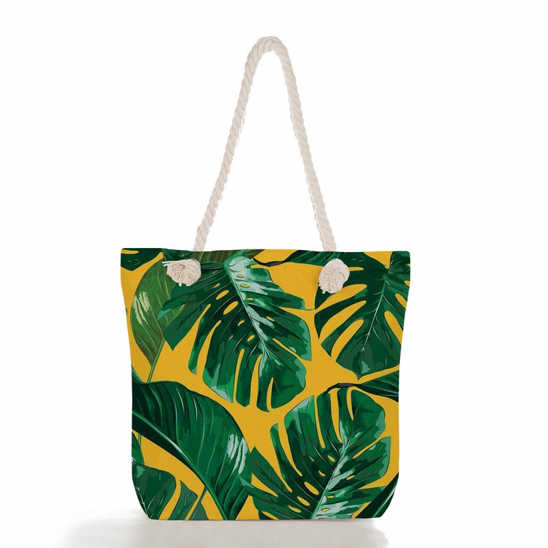 Green Leaf Printed Cotton Rope Bag Large Capacity Shoulder Bag Student Book Tote Bag Printable Logo