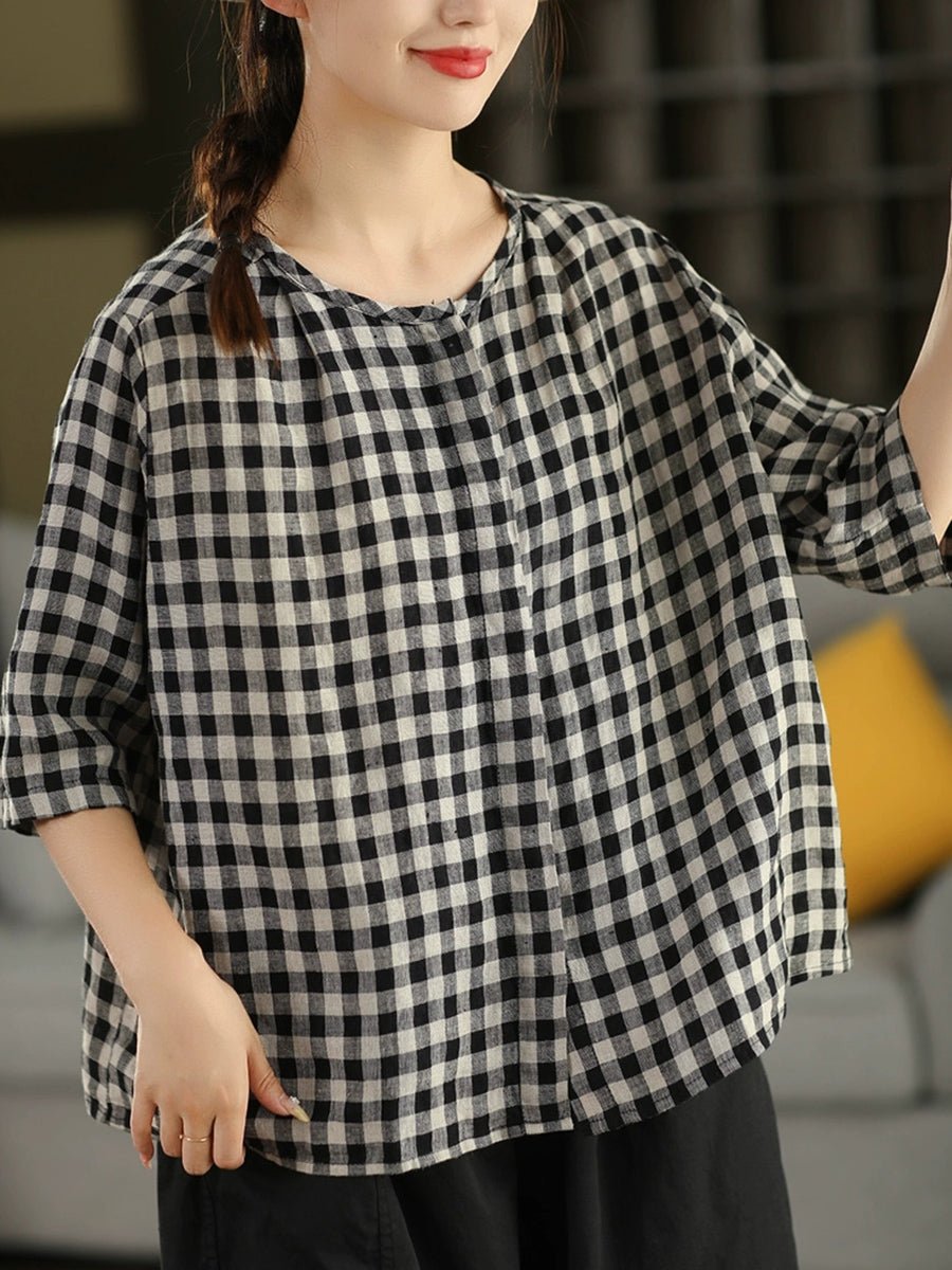Women Summer Vintage Plaid 100%Linen O-Neck Shirt