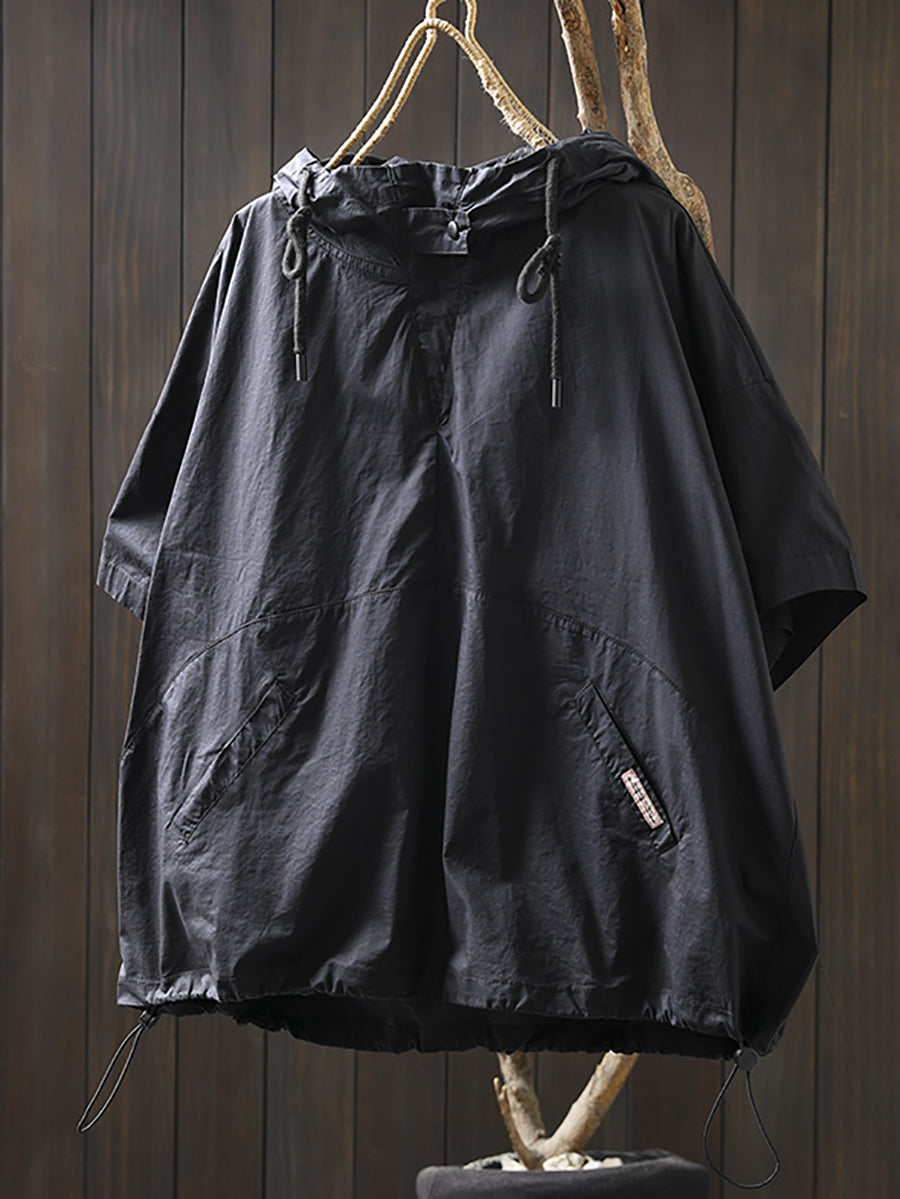 Women Summer Casual Pure Color Hooded Cotton Shirt