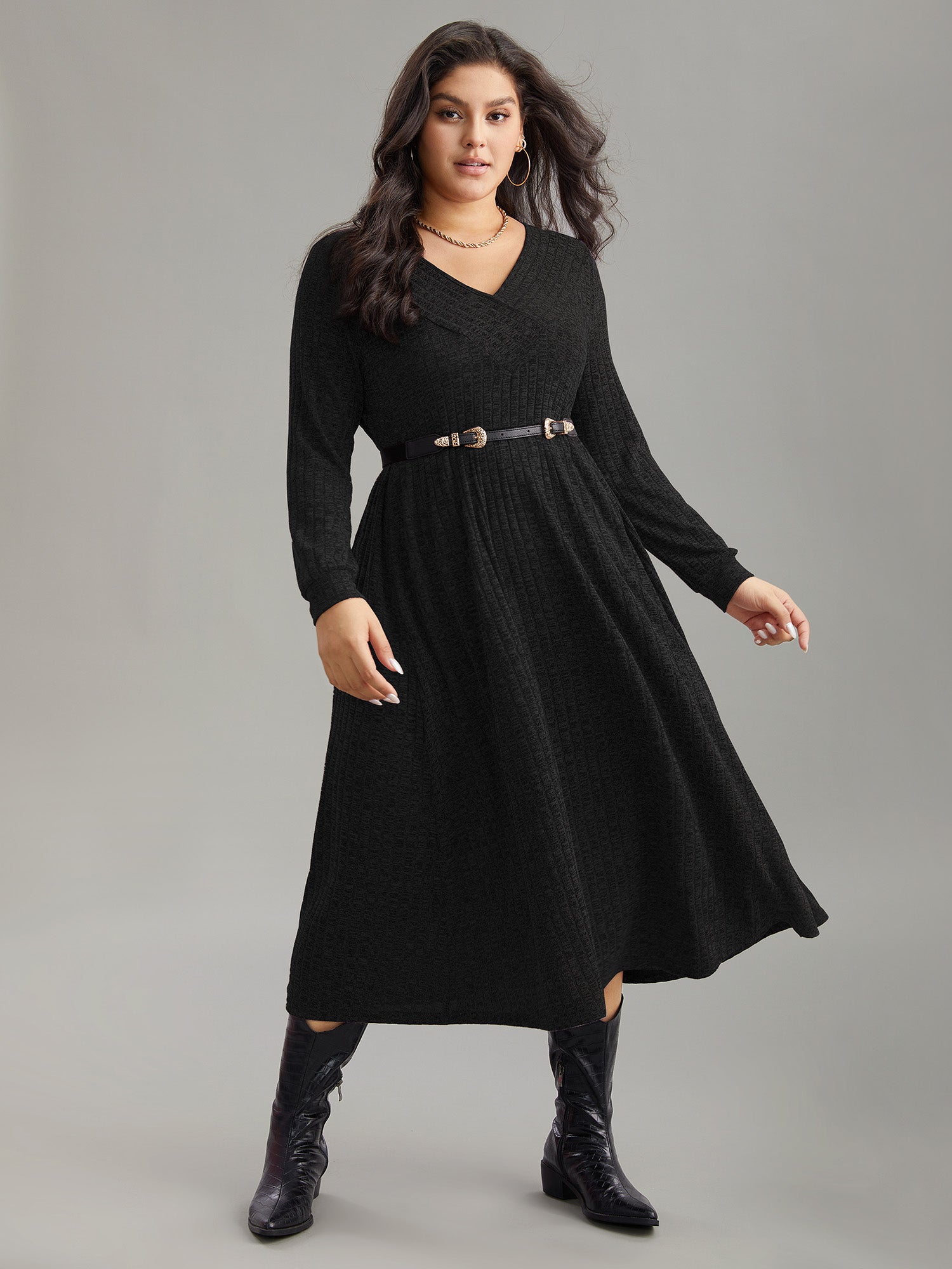 Rib Knit Plain Plisse Long Sleeve Dress