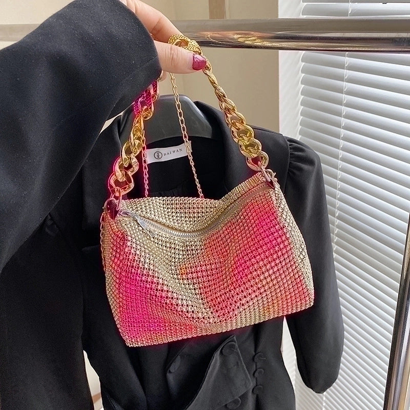 Women's Small Pu Leather Solid Color Fashion Rhinestone Chain Square Zipper Crossbody Bag