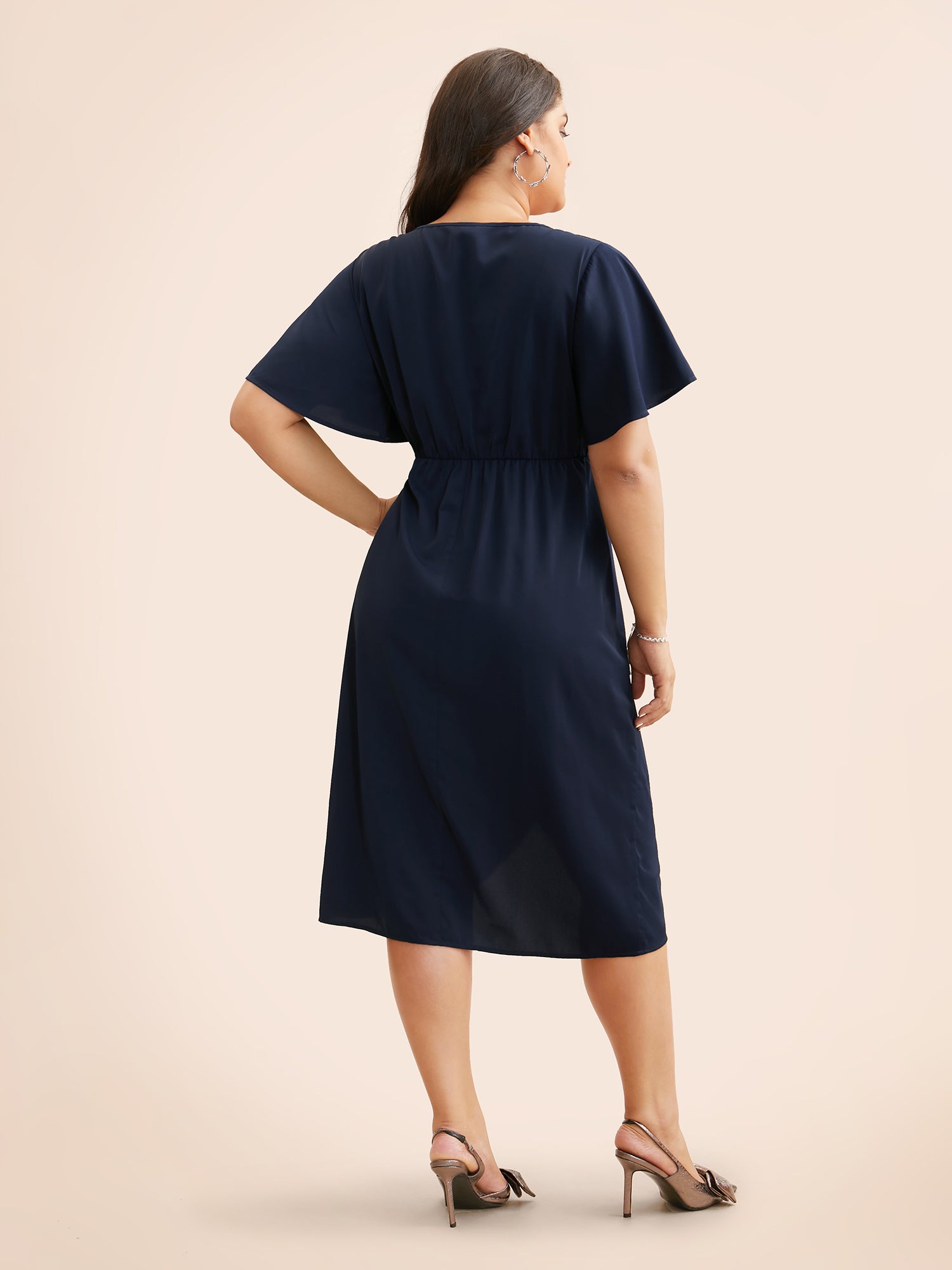 Notched Collar Pleated Ruffle Sleeve Dress