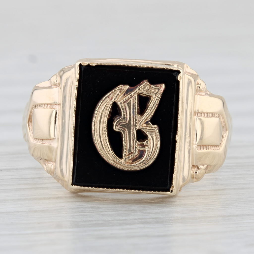Black Glass Old English Letter G Signet Ring 10k Yellow Gold Size 10 Men's