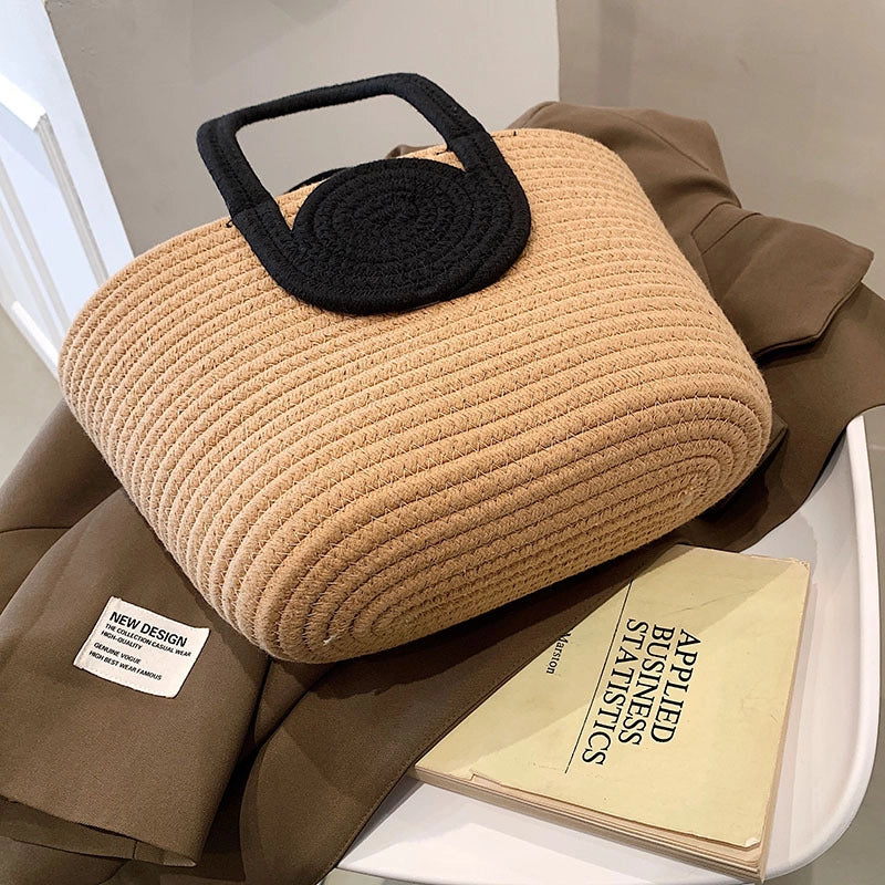 Women's Large Cotton Solid Color Vacation Weave Bucket Open Tote Bag
