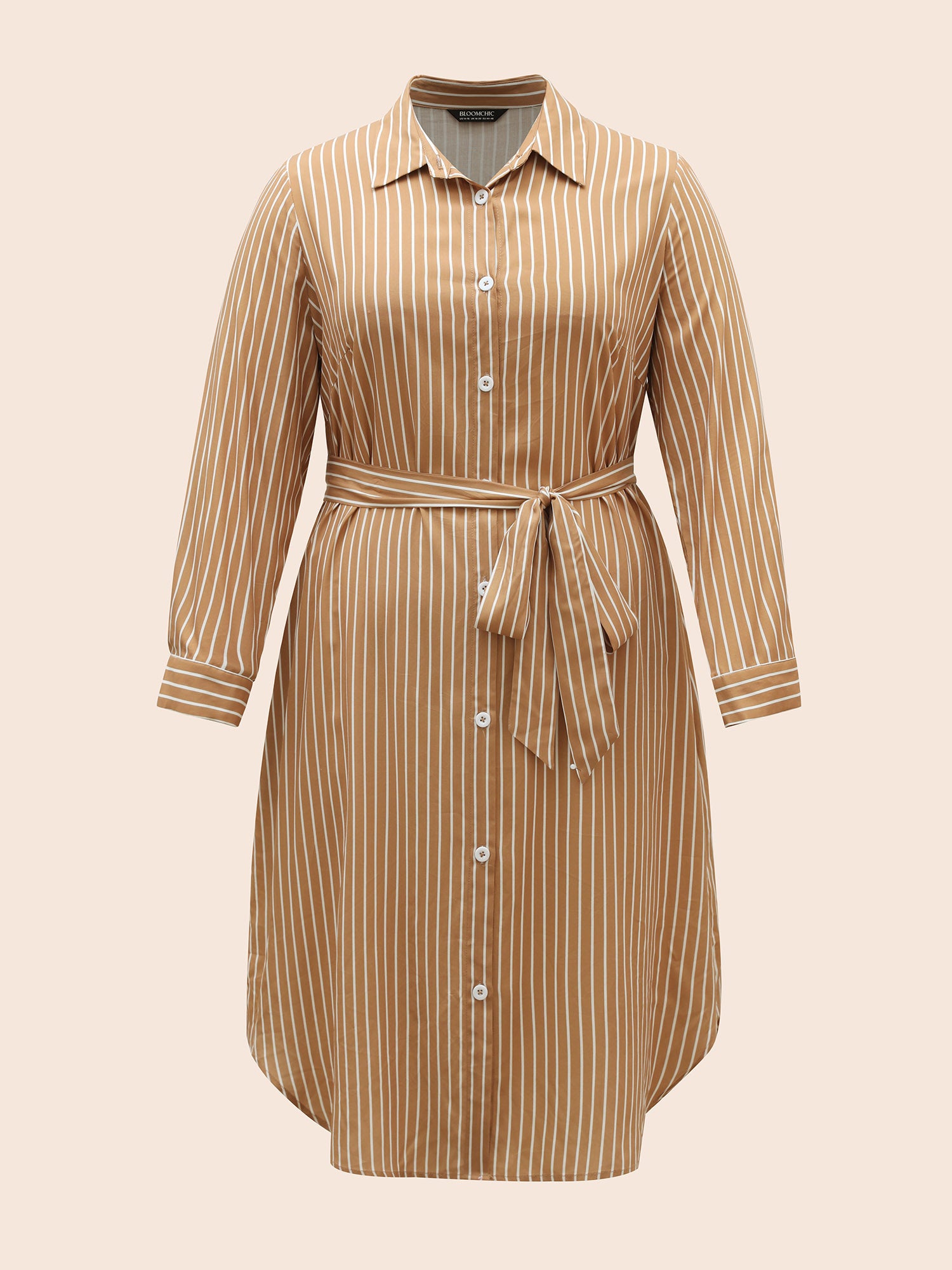 Striped Shirt Collar Curved Hem Midi Dress