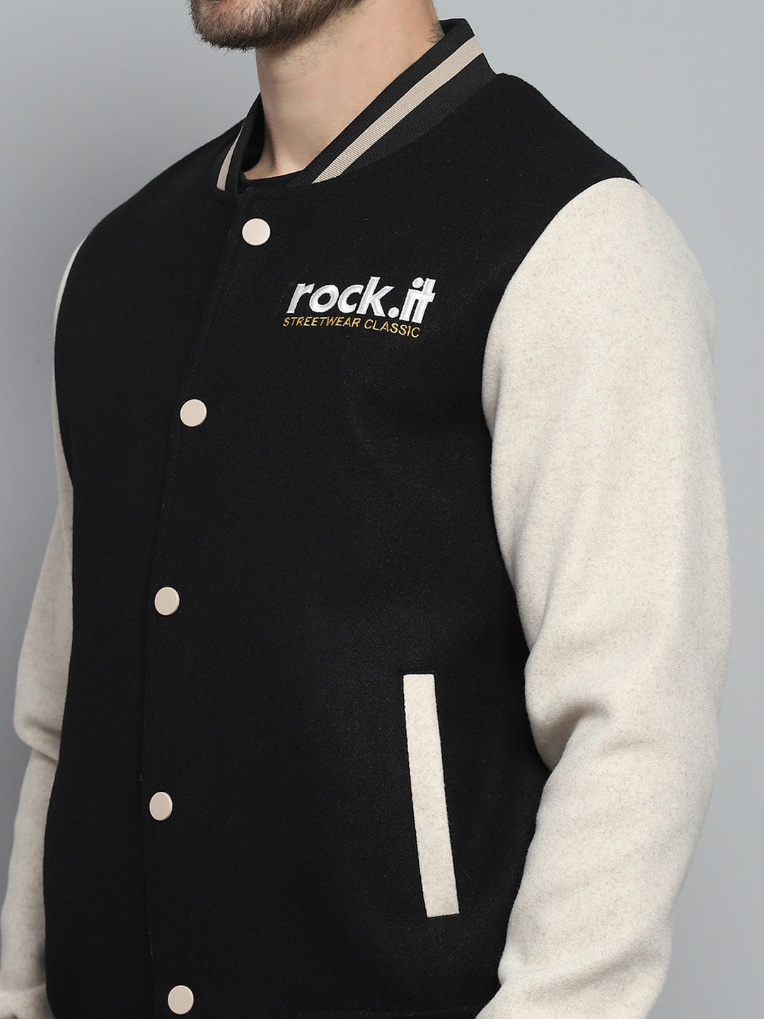 Men Black Printed Band Collar Full Sleeve Sweatshirt