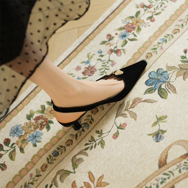 Point Toe Genuine Leather Slingback Kitty Heel Sandals in Black/Green