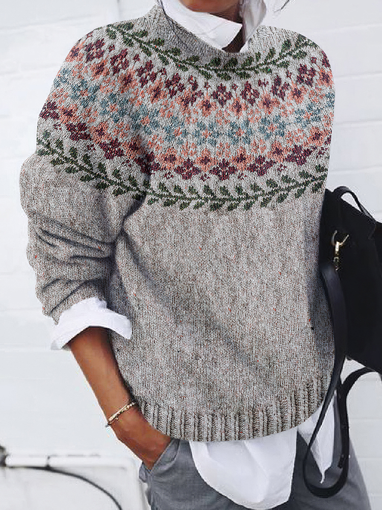 Retro Geometric Floral Knitted Print Cozy Sweater