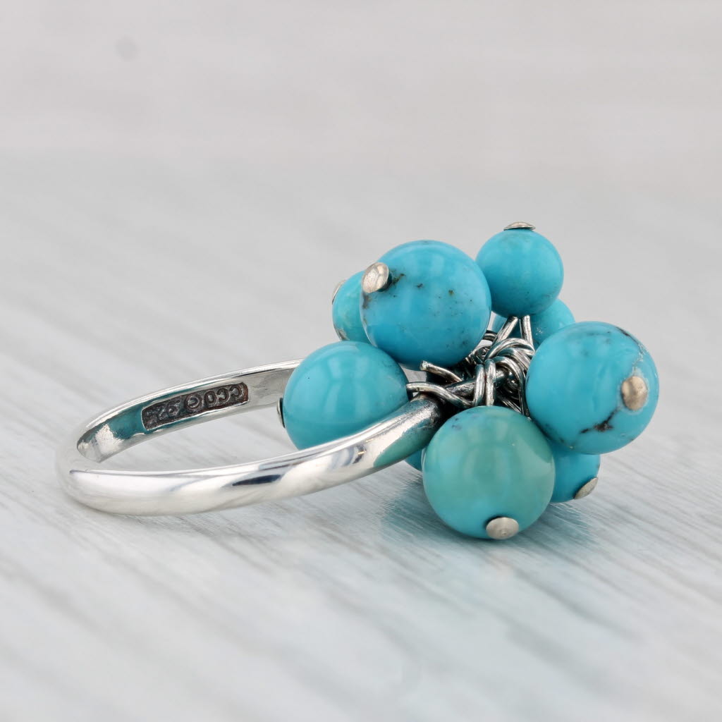 Turquoise Bead Cluster Ring Sterling Silver Size 6 Band Statement