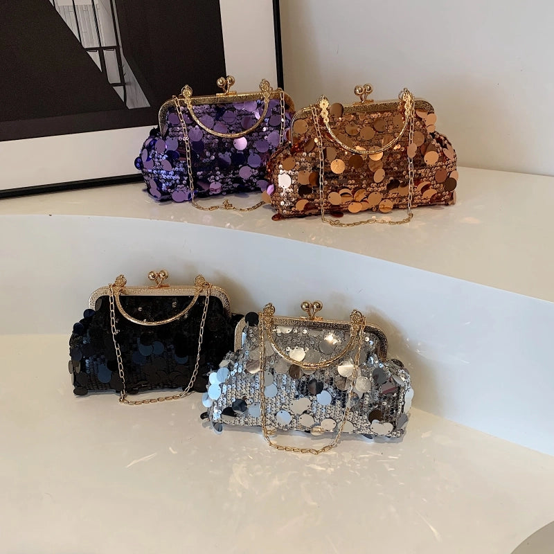 Women's Sequin Solid Color Elegant Streetwear Shell Lock Clasp Shoulder Bag Crossbody Bag