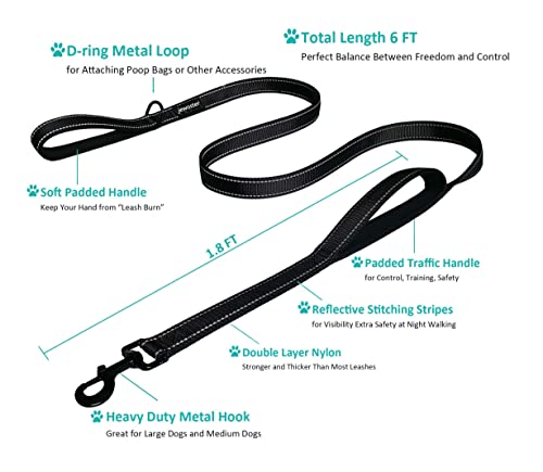 Heavy Duty Dog Leash - 2 Handles by Padded Traffic Handle for Extra Control. 6foot Long - Perfect for Medium to Large Dogs (6 ft. Black)