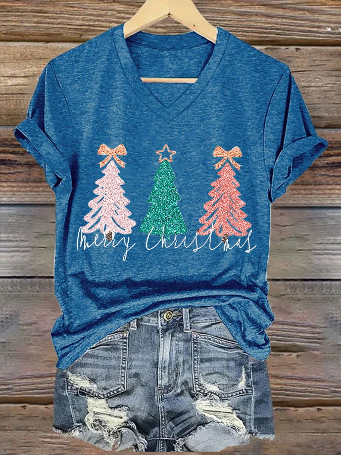 Women's Sequined Merry Christmas Tree Print Casual T-shirt