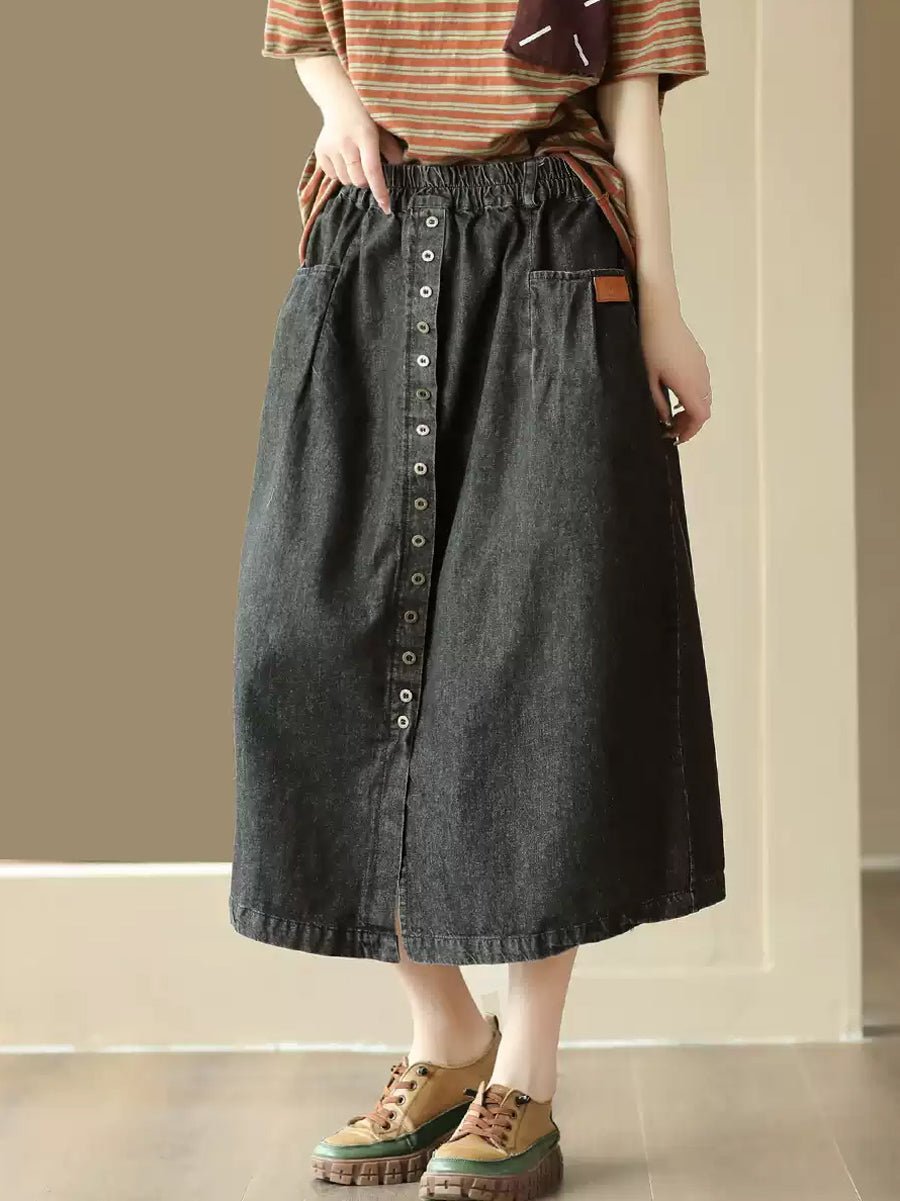 Women Summer Artsy Pure Color Denim Straight Skirt