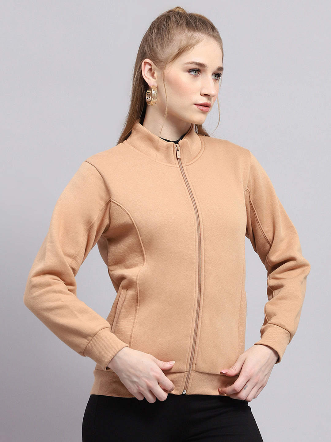 Women Peach Solid Mock Neck Full Sleeve Sweatshirt