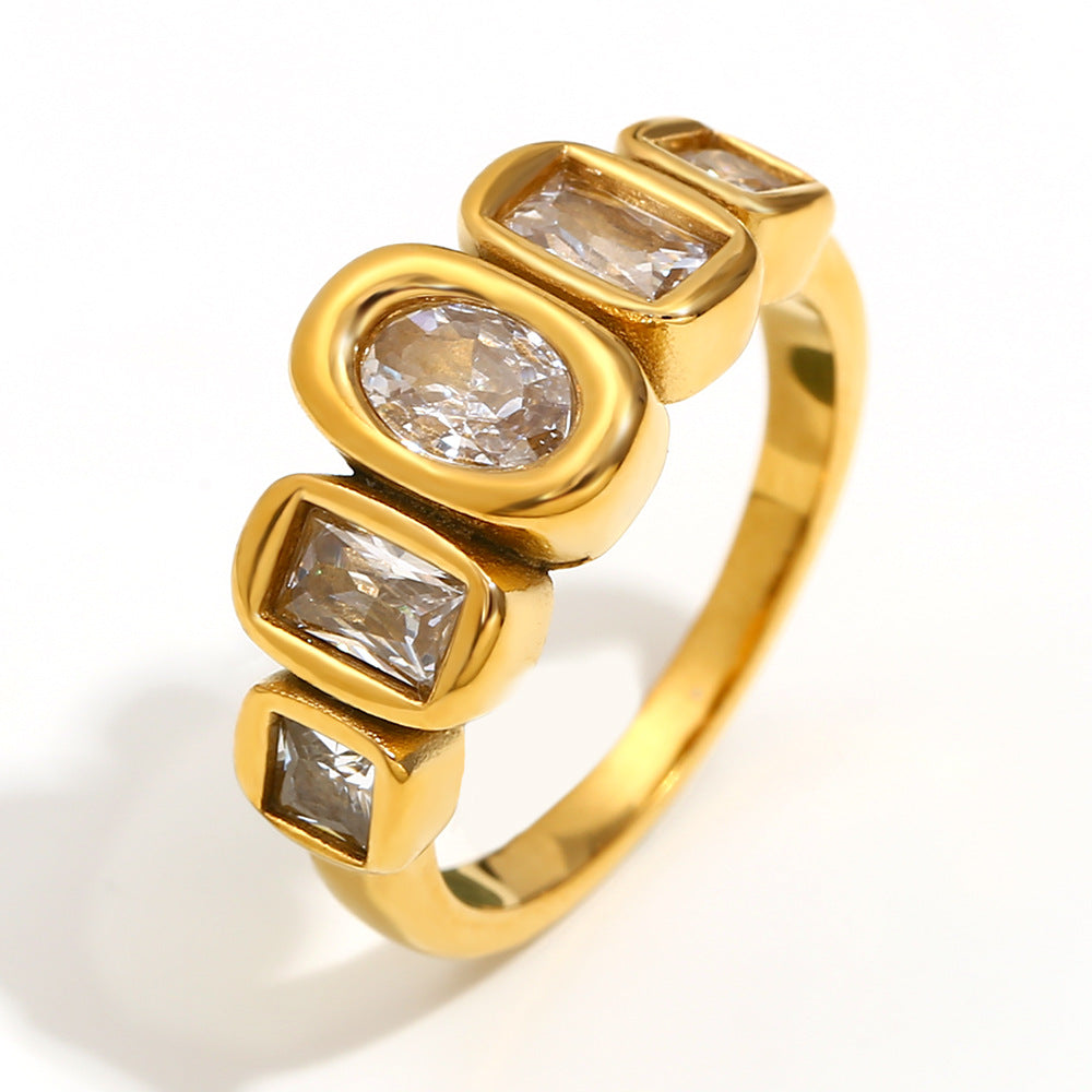 Ins Niche Design High-End Jewelry 316L Stainless Steel Plated 18K Gold Geometric Zircon Arrangement Ring