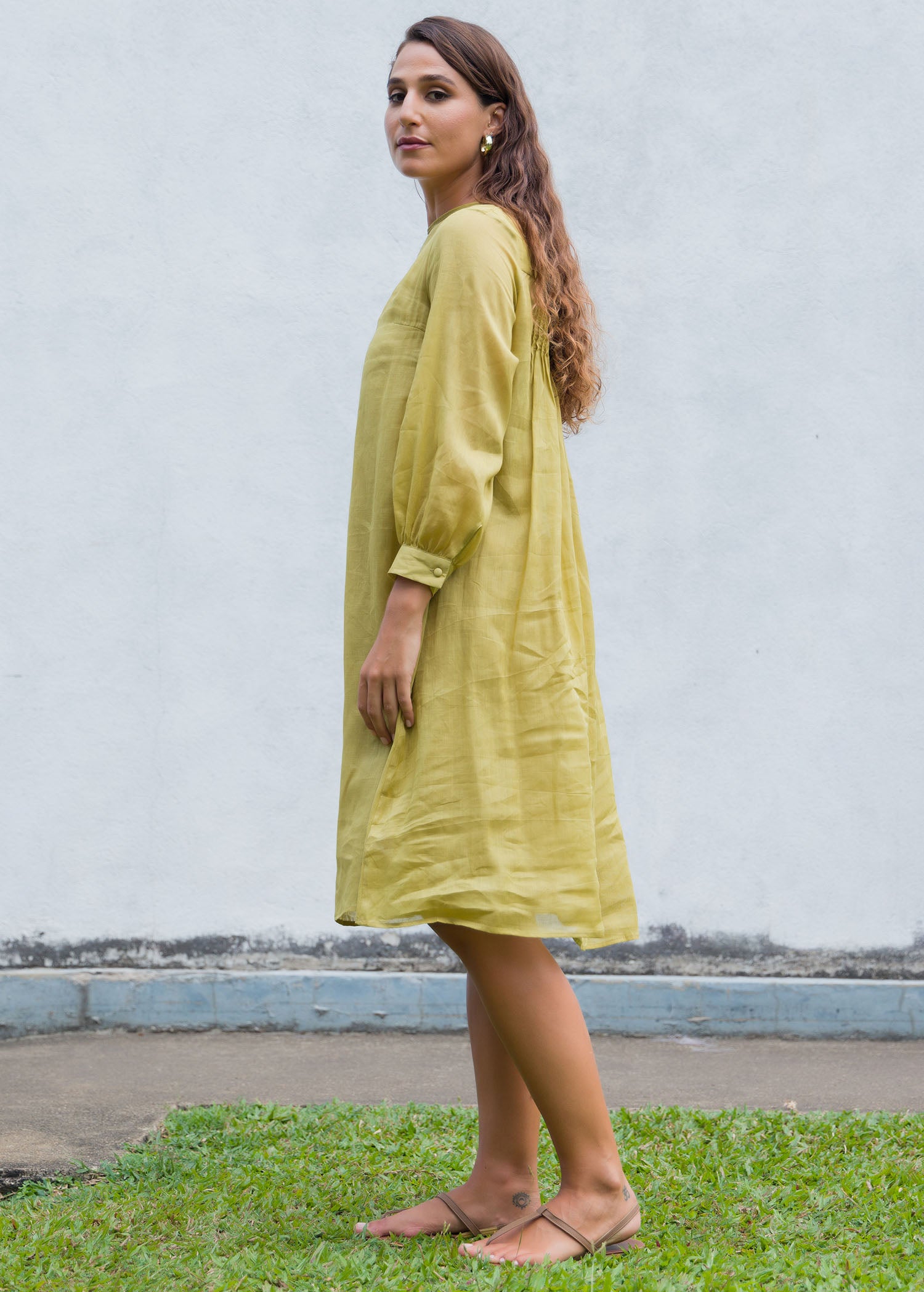 Embroidery detailed dress with pin tucks