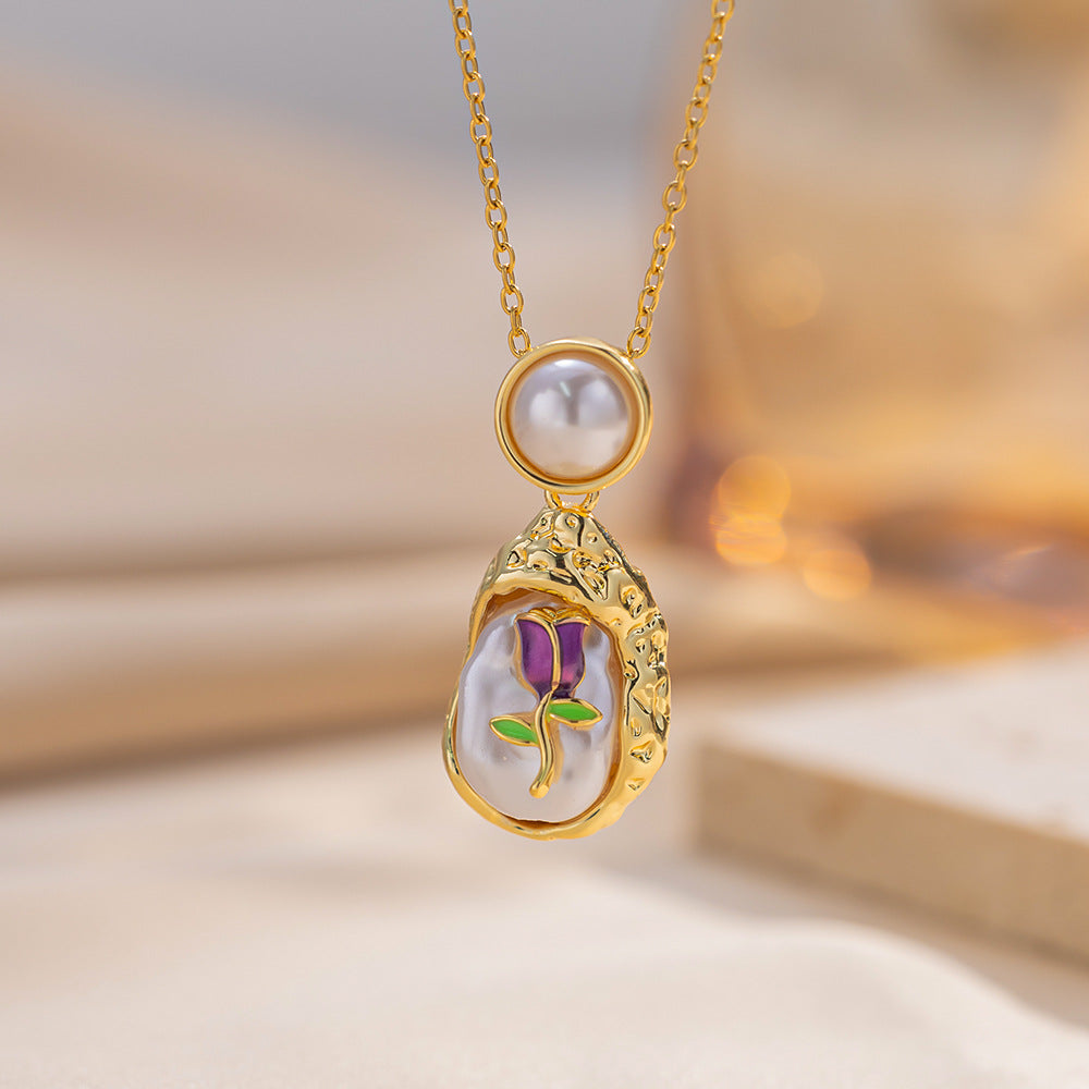 Retro Oil Drop Baroque Freshwater Pearl Enamel High-Grade Painted Flower Pendant Necklace