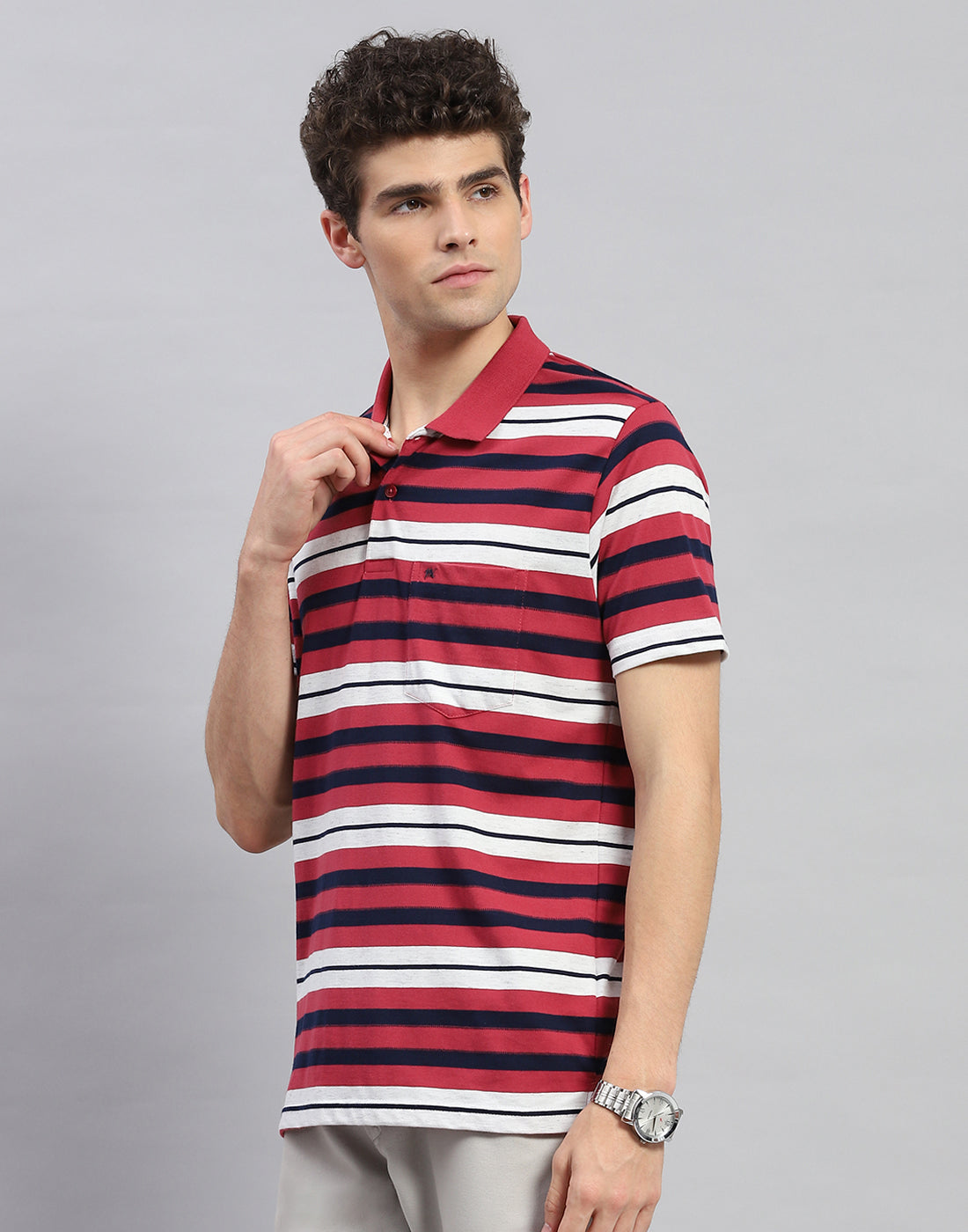 Men Red Stripe Polo Collar Half Sleeve T-Shirt