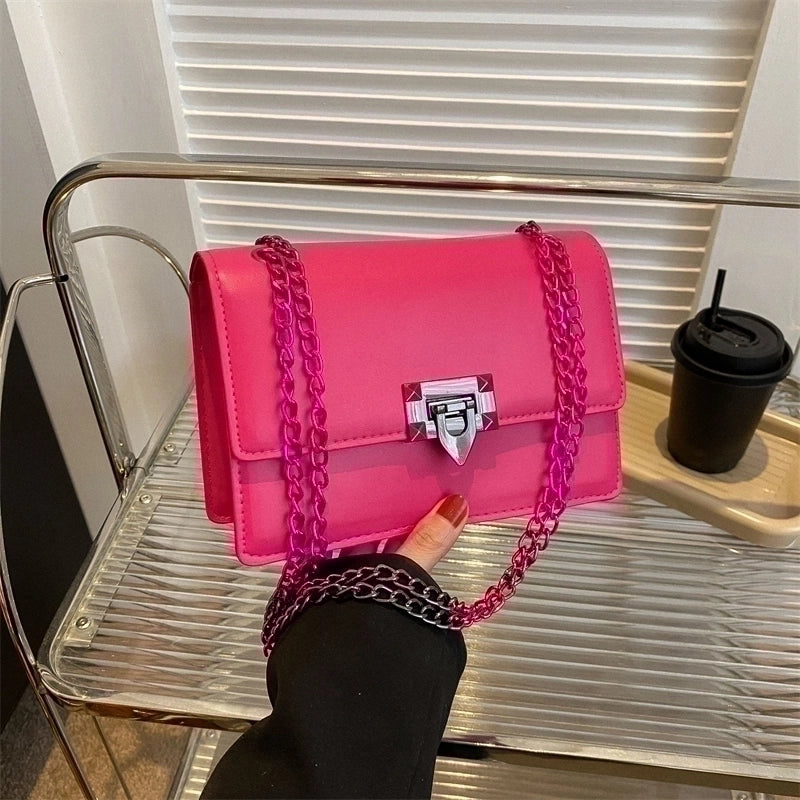 Women's Pu Leather Solid Color Classic Style Square Lock Clasp Shoulder Bag Crossbody Bag