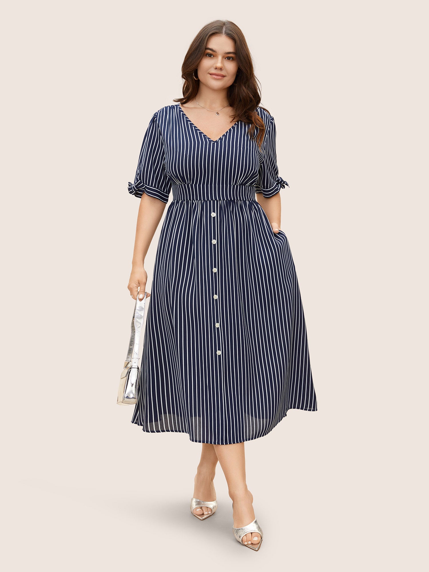 Striped Knot Sleeve Button Detail Dress