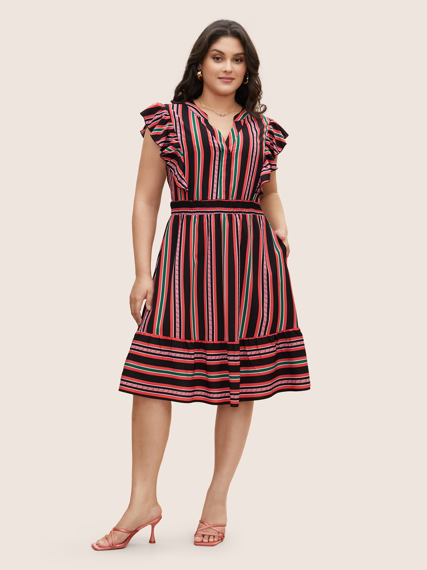 Contrast Striped Ruffle Cap Sleeve Dress