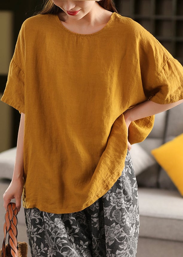 Loose Rose O Neck Solid Linen T Shirts Summer