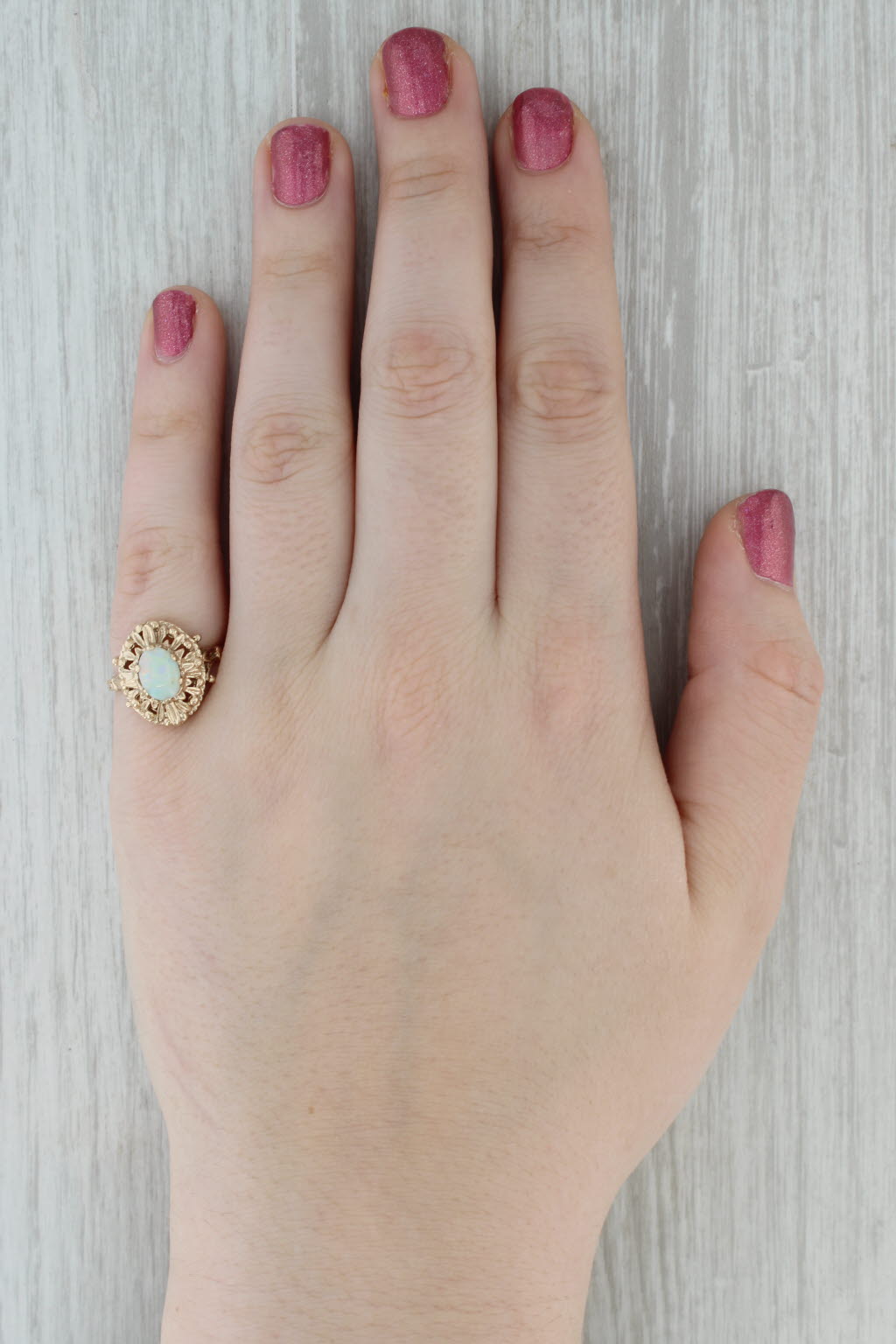 Opal Oval Cabochon Solitaire Ring 10k Yellow Gold Vintage Ornate Size 7