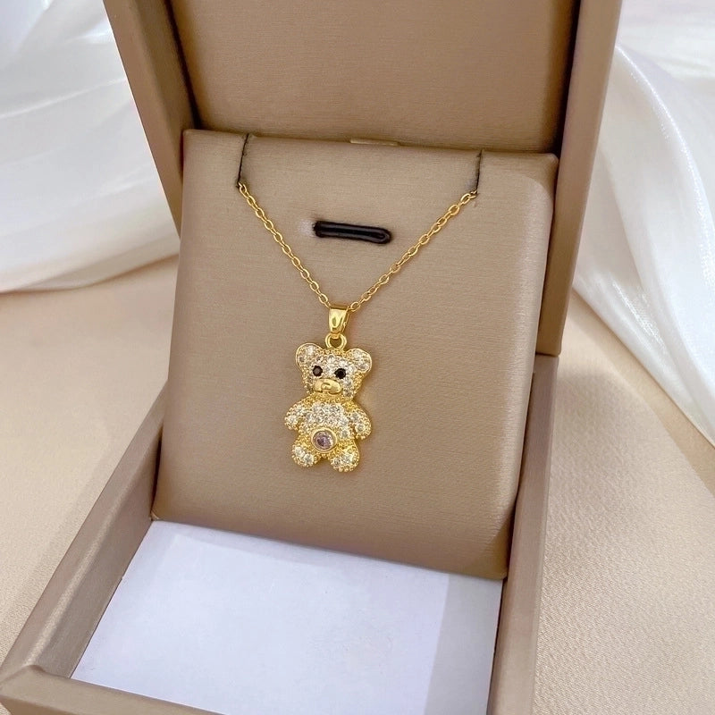 Minimalist Bear Titanium Steel Copper Plating Inlay Zircon Pendant Necklace