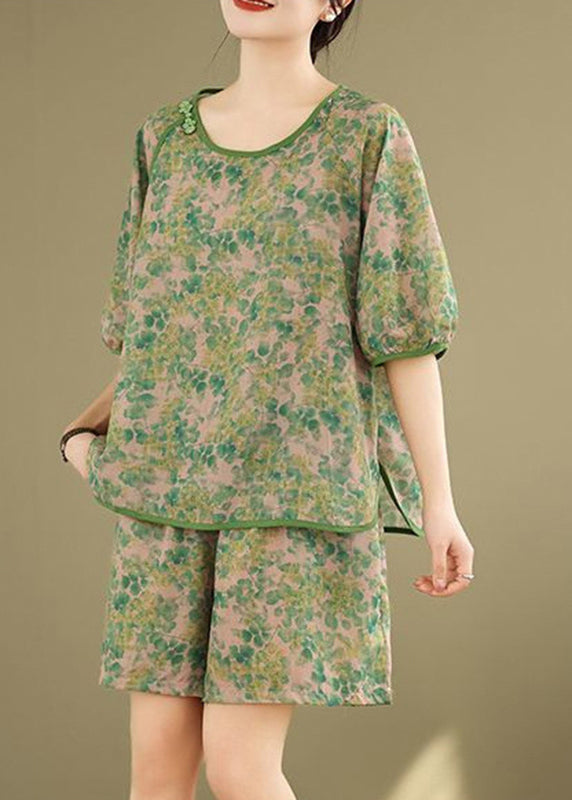 Casual Green Side Open T Shirt And Shorts Two Pieces Set Short Sleeve