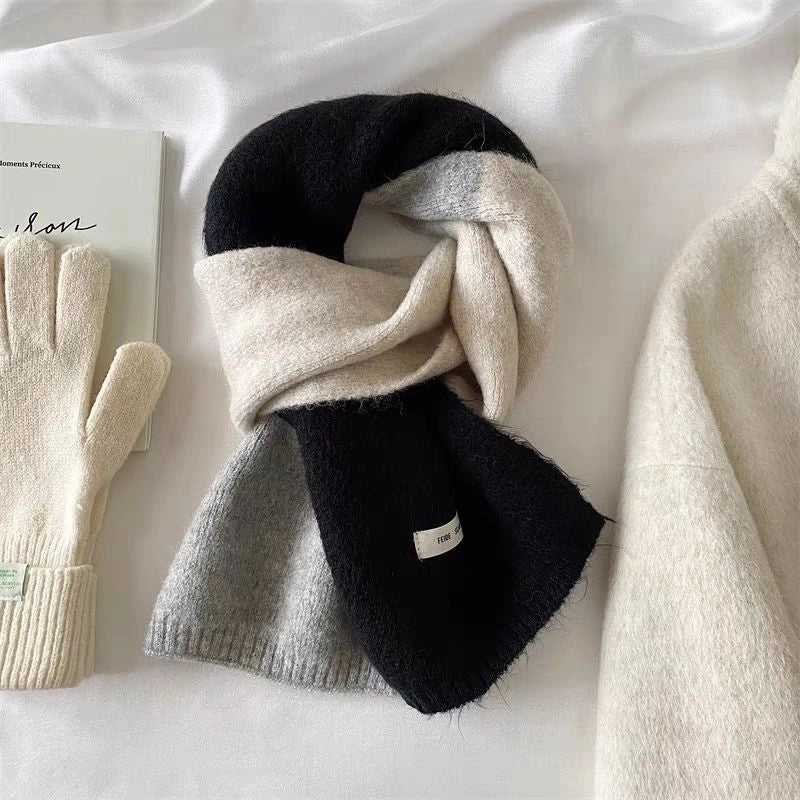 New Autumn And Winter Style Contrast Color Scarf Female Neck Protection Korean Cute Student Warm Knitted Scarf Male