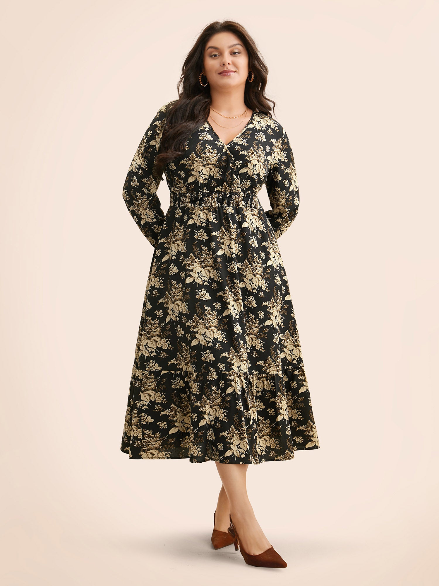 Floral Overlap Collar Shirred Midi Dress